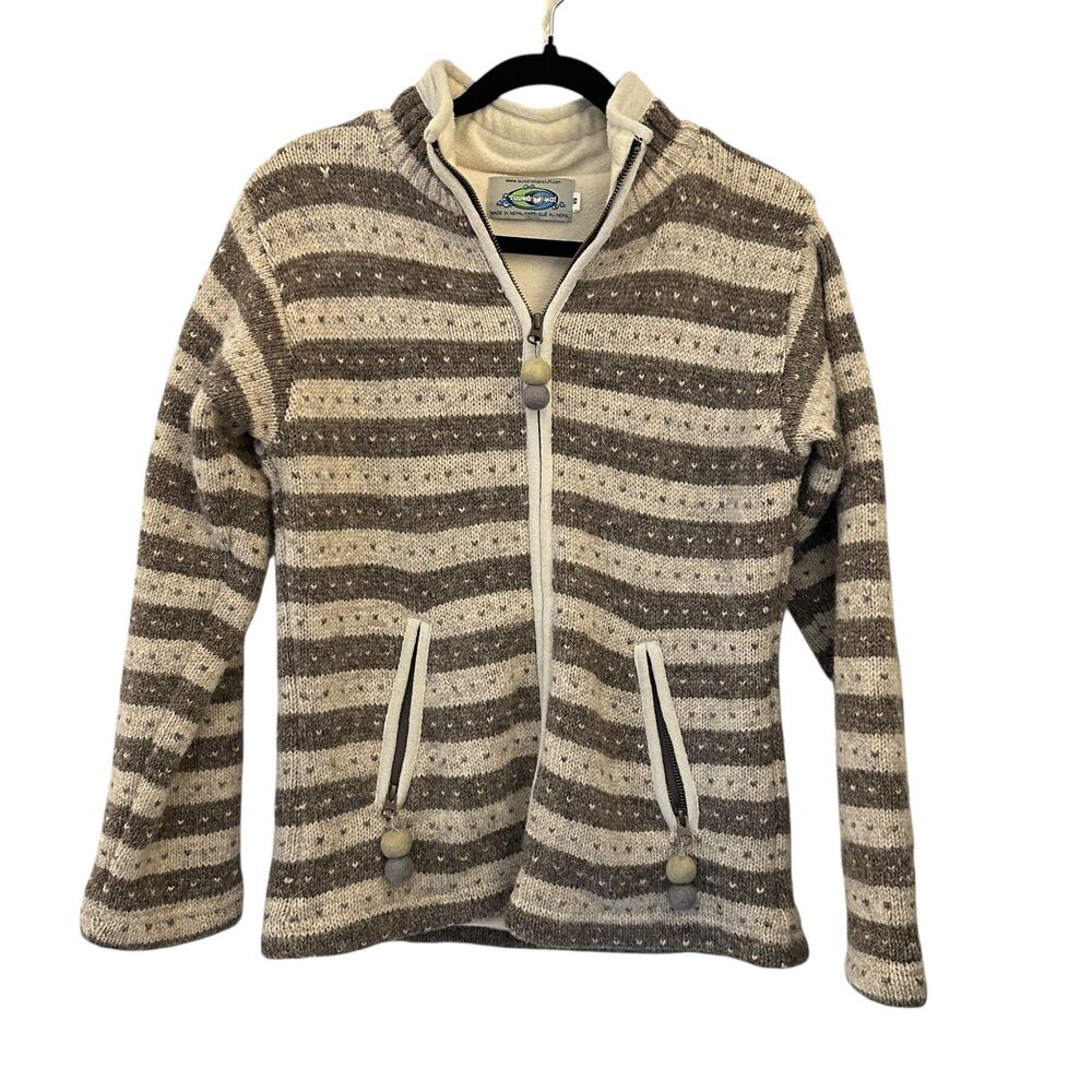 Laundromat Nepal 100% Wool Grey and Cream Striped Fleece Lined Zip Jacket‎ M